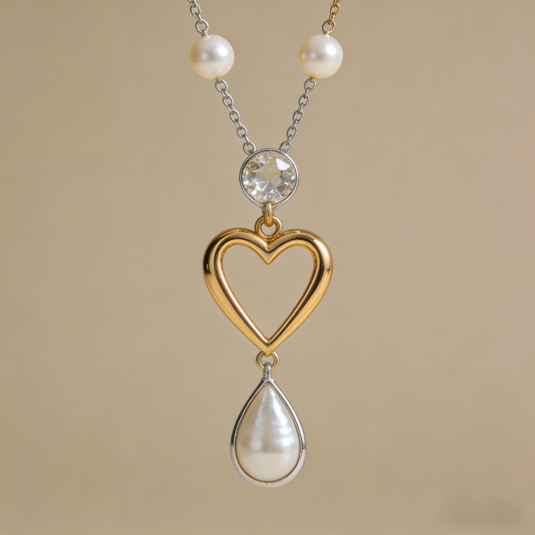 💖 "Mixed Metal Heart & Pearl Necklace" – Two-Tone Chain | Open Heart Pendant with Drop Pearl | Timeless Romance 📿