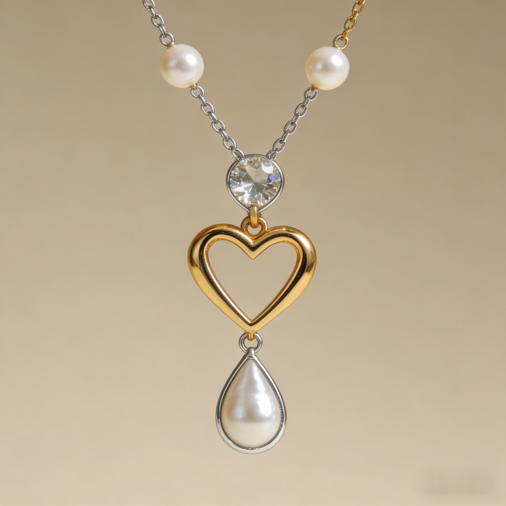 💖 "Mixed Metal Heart & Pearl Necklace" – Two-Tone Chain | Open Heart Pendant with Drop Pearl | Timeless Romance 📿