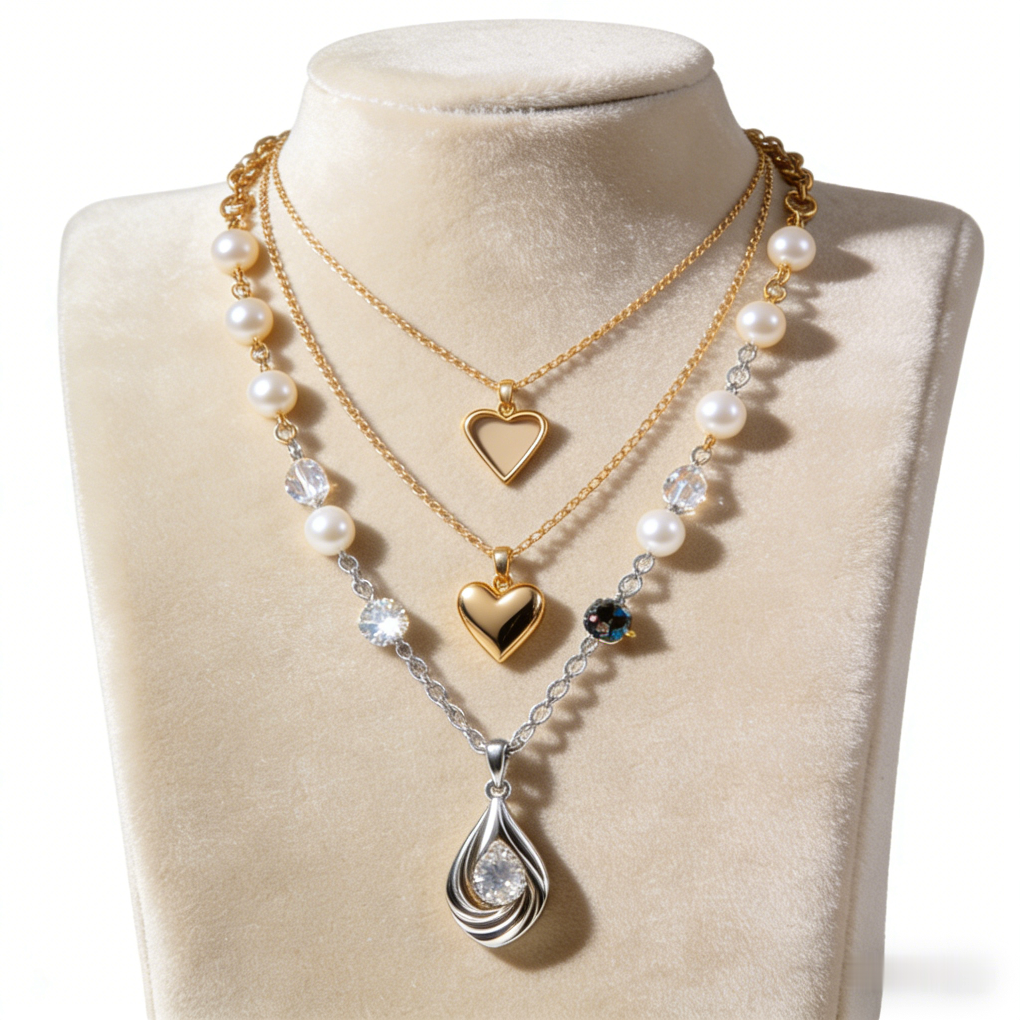 👑 "Triple Layer Mixed Heart & Pearl" – 3-Strand Design | Gold Heart, Pave Heart & Pearl | Statement Luxury 💎