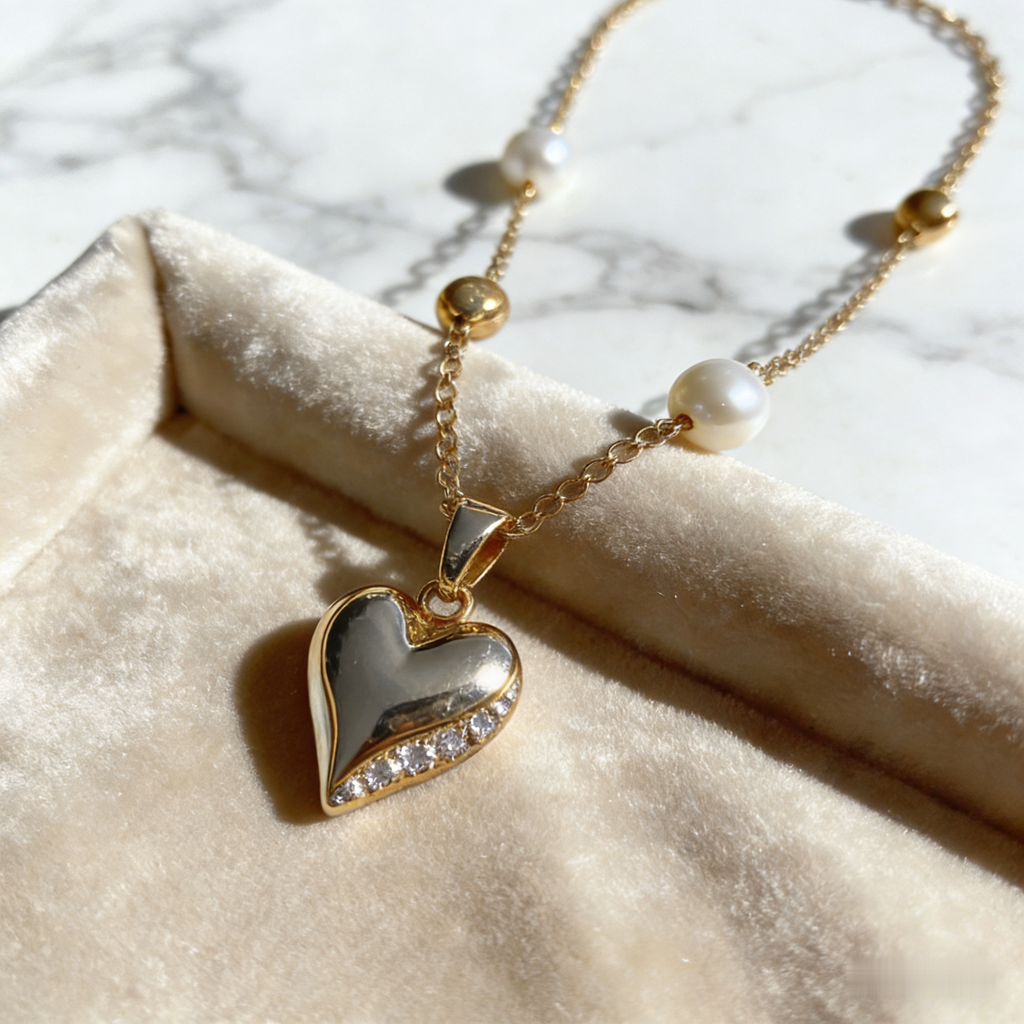 🌸 "Pearl Chain with Heart Pendant" – Lustrous Pearls & Gold Beads | Gold Heart with Stone Accent | Feminine Charm 🎀