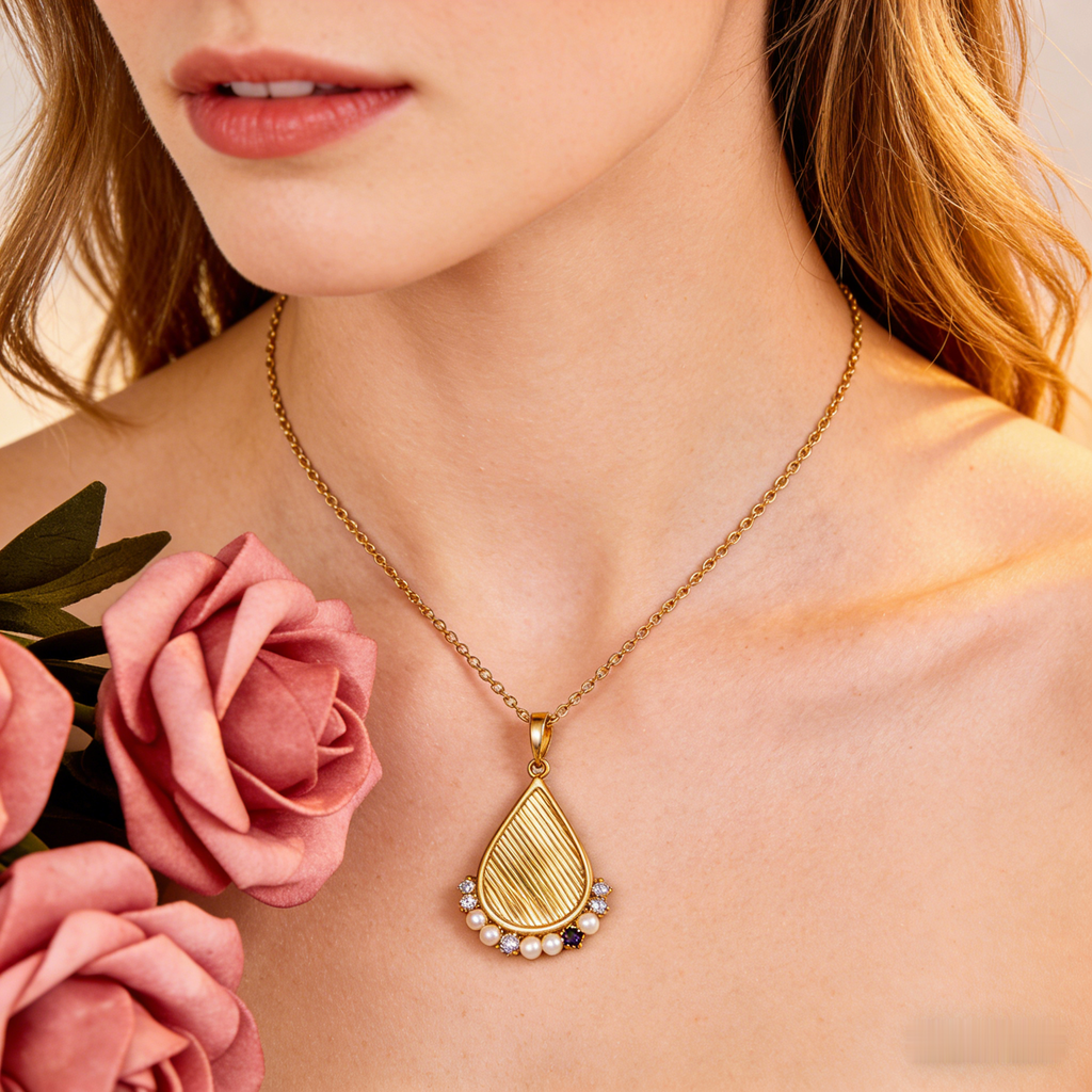 🍂 "Textured Gold Teardrop & Pearls" – Engraved Detailing | Cultured Pearls & Stone Clustered Accent | Boho Chic 🌾